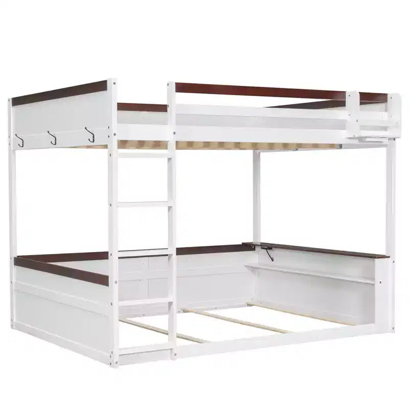 Low Bunk Bed Queen over Queen with Storage Shelves, Wood Bunk Bed with USB Charging Station and LED Light
