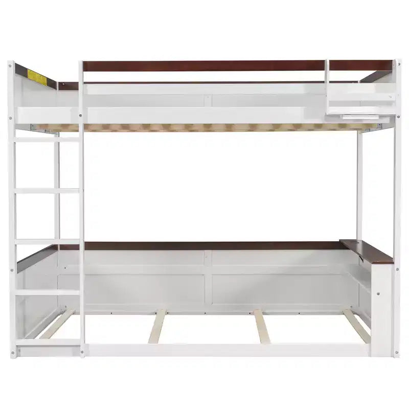 Low Bunk Bed Queen over Queen with Storage Shelves, Wood Bunk Bed with USB Charging Station and LED Light