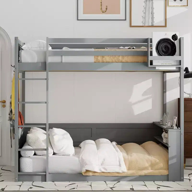 Low Bunk Bed Queen over Queen with Storage Shelves, Wood Bunk Bed with USB Charging Station and LED Light