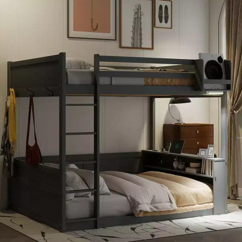 Low Bunk Bed Queen over Queen with Storage Shelves, Wood Bunk Bed with USB Charging Station and LED Light