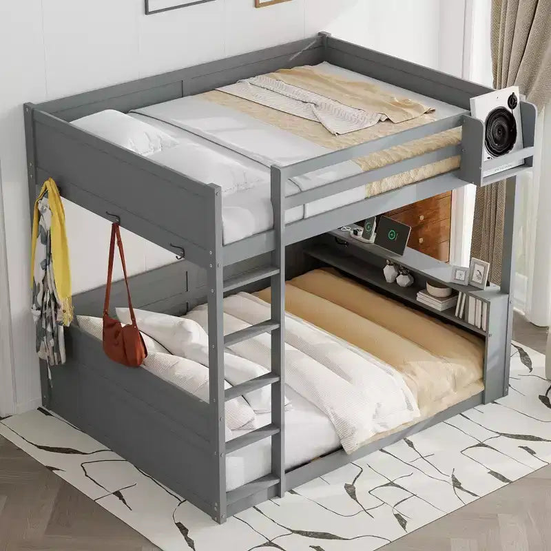 Low Bunk Bed Queen over Queen with Storage Shelves, Wood Bunk Bed with USB Charging Station and LED Light