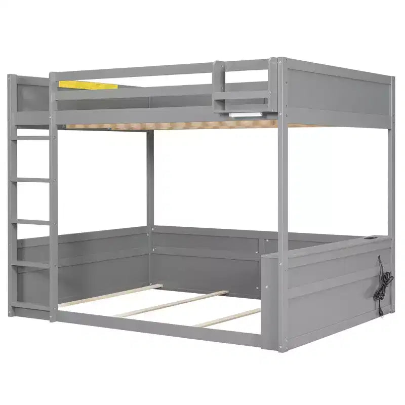 Low Bunk Bed Queen over Queen with Storage Shelves, Wood Bunk Bed with USB Charging Station and LED Light