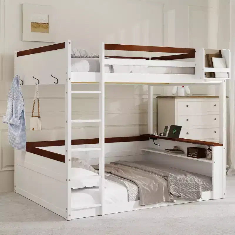Low Bunk Bed Queen over Queen with Storage Shelves, Wood Bunk Bed with USB Charging Station and LED Light