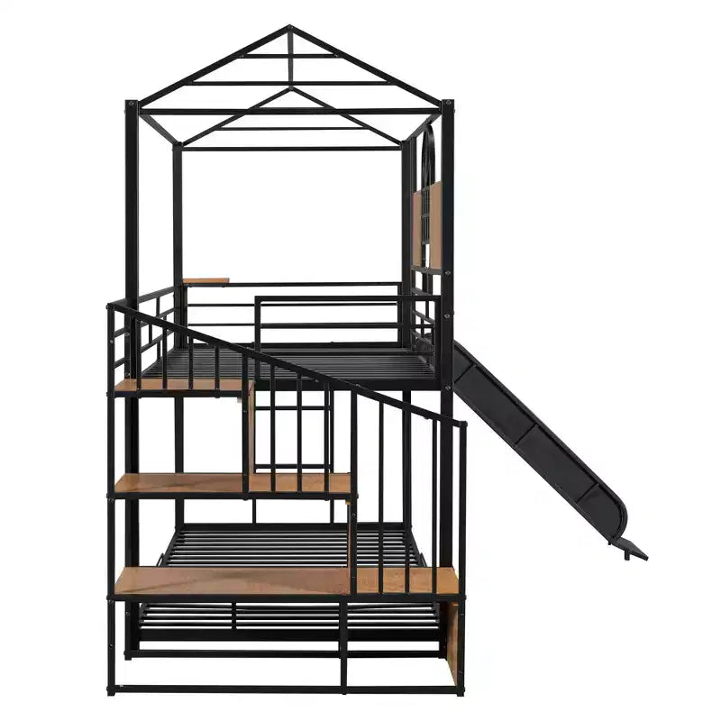 Twin over Twin Metal Bunk Bed, Metal Housebed with Slide and Storage Stair with Black Slide