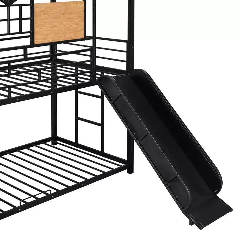 Twin over Twin Metal Bunk Bed, Metal Housebed with Slide and Storage Stair with Black Slide