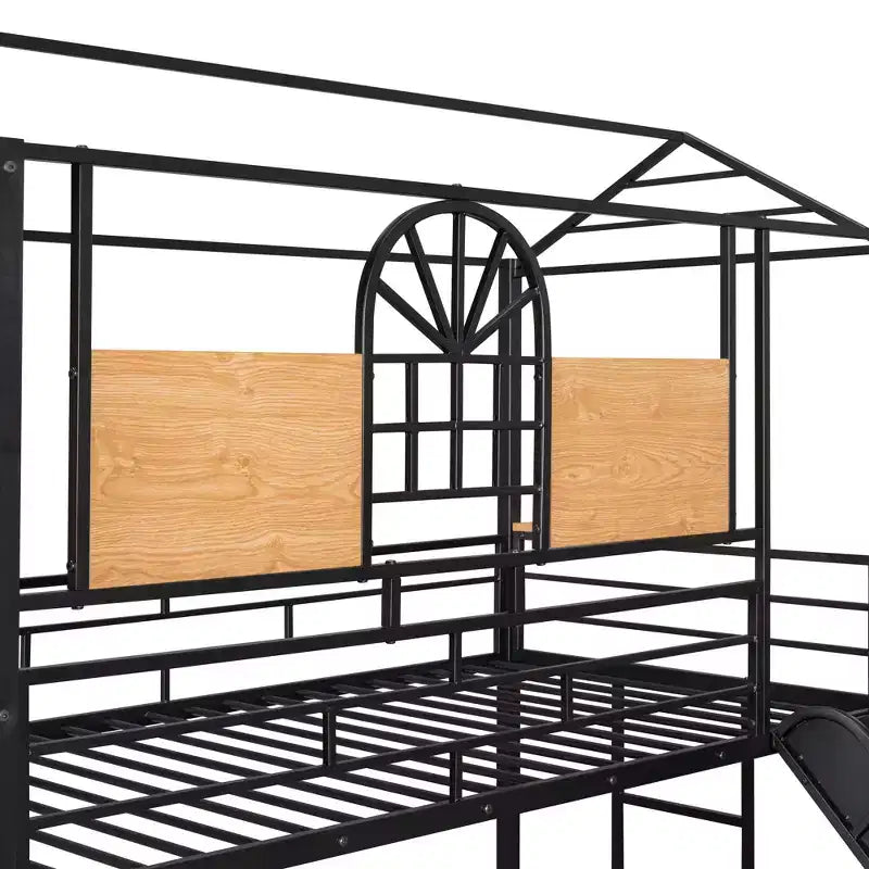 Twin over Twin Metal Bunk Bed, Metal Housebed with Slide and Storage Stair with Black Slide