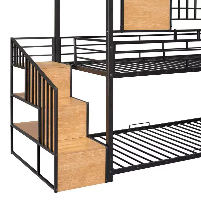 Twin over Twin Metal Bunk Bed, Metal Housebed with Slide and Storage Stair with Black Slide