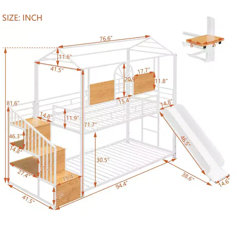 Twin over Twin Metal Bunk Bed, Metal Housebed with Slide and Storage Stair with Black Slide