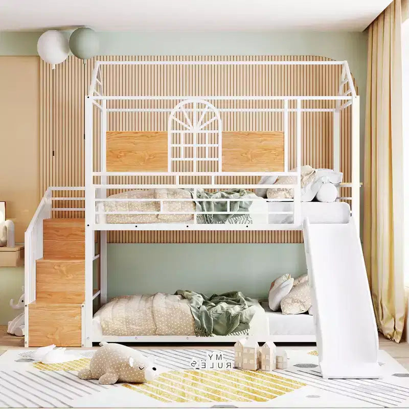 Twin over Twin Metal Bunk Bed, Metal Housebed with Slide and Storage Stair with Black Slide