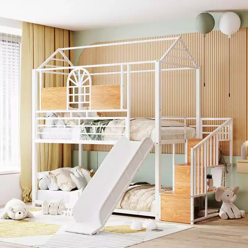 Twin over Twin Metal Bunk Bed, Metal Housebed with Slide and Storage Stair with Black Slide