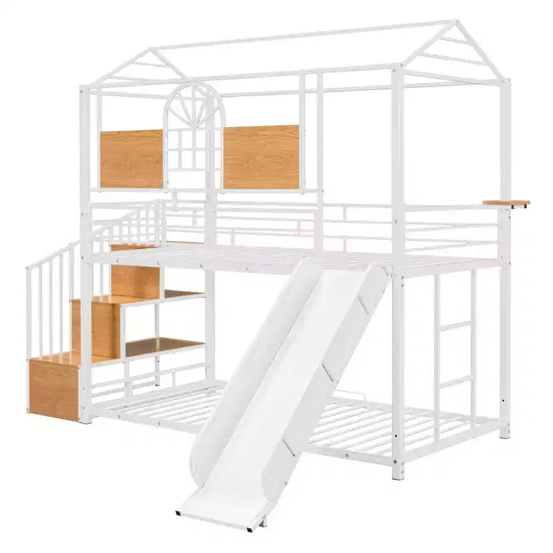 Twin over Twin Metal Bunk Bed, Metal Housebed with Slide and Storage Stair with Black Slide