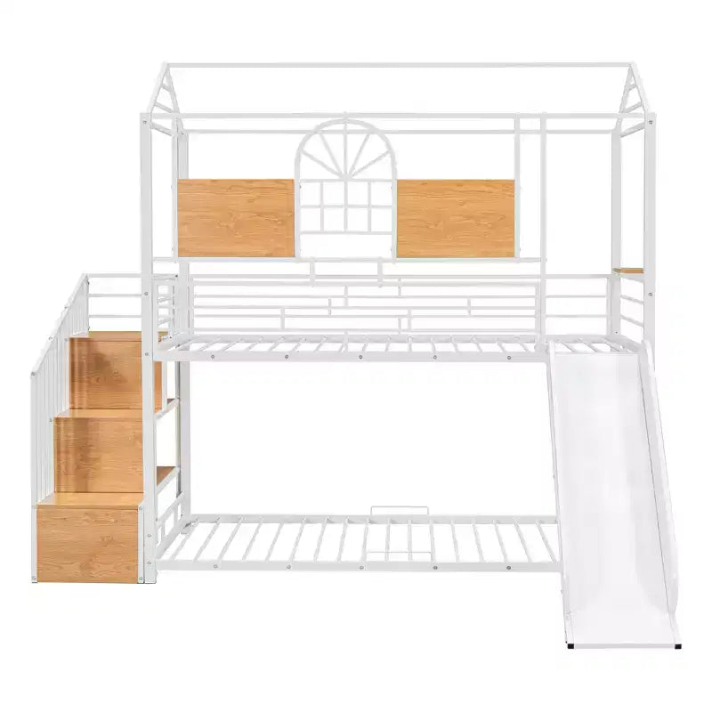 Twin over Twin Metal Bunk Bed, Metal Housebed with Slide and Storage Stair with Black Slide
