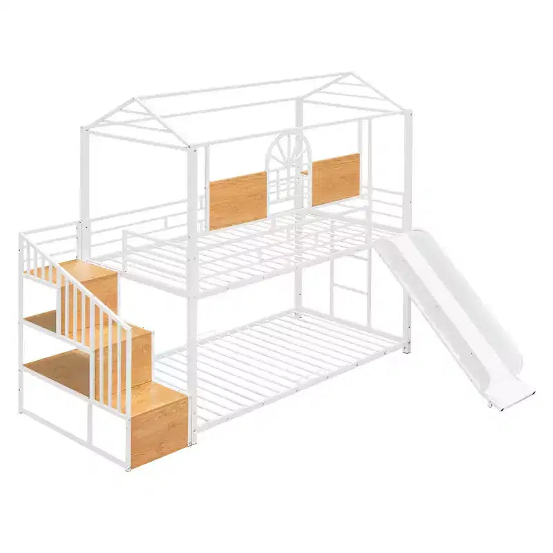 Twin over Twin Metal Bunk Bed, Metal Housebed with Slide and Storage Stair with Black Slide