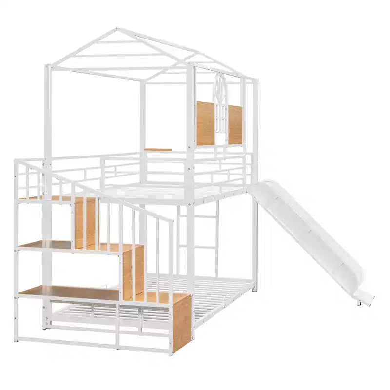 Twin over Twin Metal Bunk Bed, Metal Housebed with Slide and Storage Stair with Black Slide