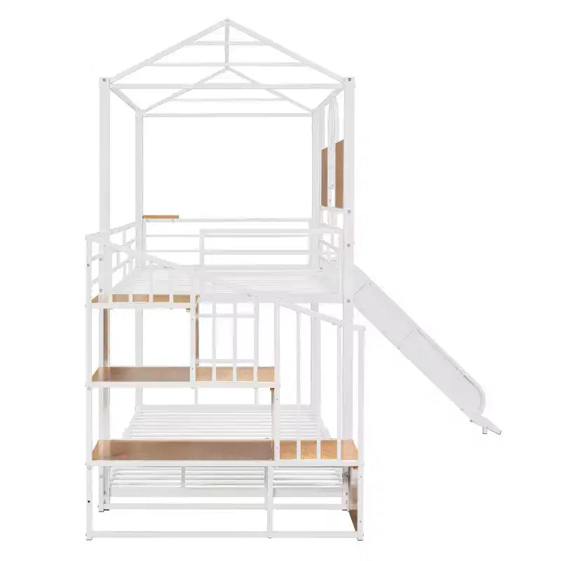 Twin over Twin Metal Bunk Bed, Metal Housebed with Slide and Storage Stair with Black Slide