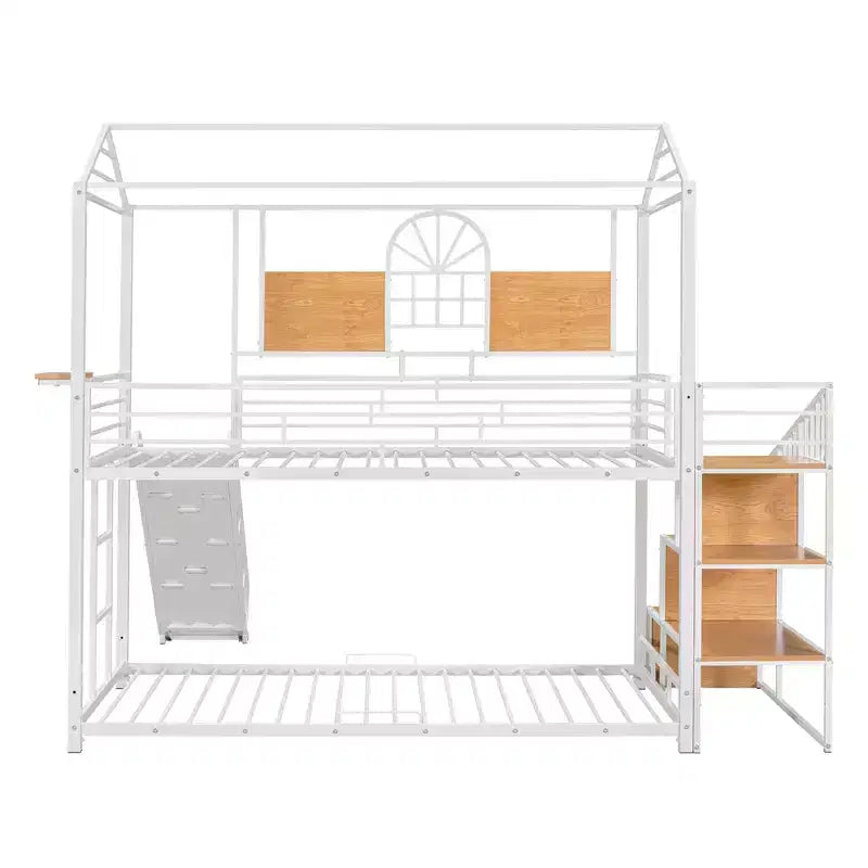 Twin over Twin Metal Bunk Bed, Metal Housebed with Slide and Storage Stair with Black Slide