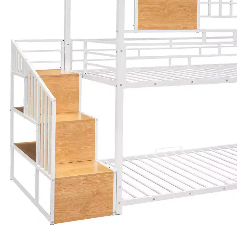 Twin over Twin Metal Bunk Bed, Metal Housebed with Slide and Storage Stair with Black Slide