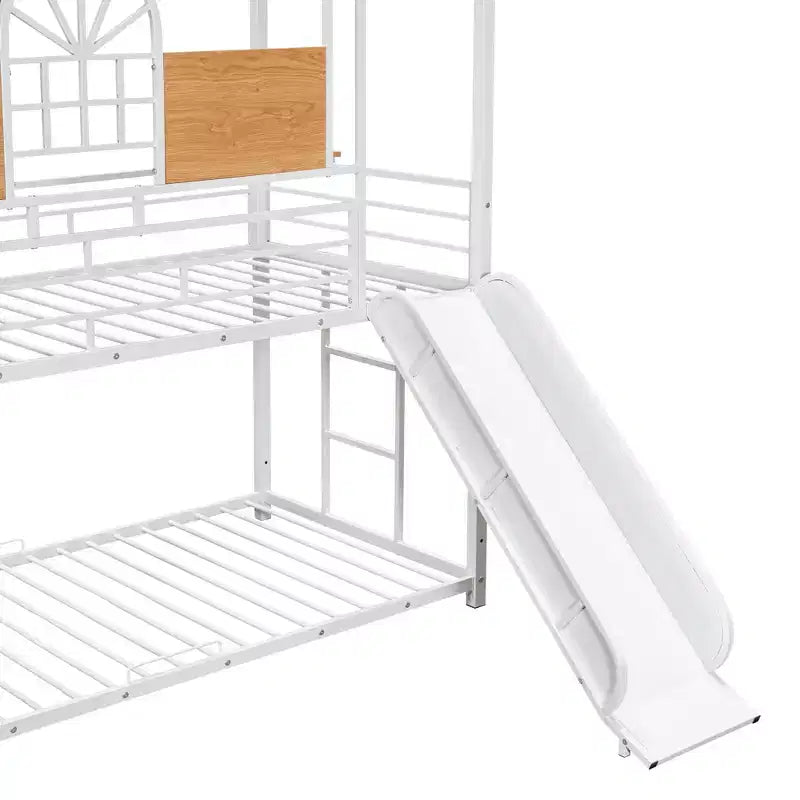 Twin over Twin Metal Bunk Bed, Metal Housebed with Slide and Storage Stair with Black Slide