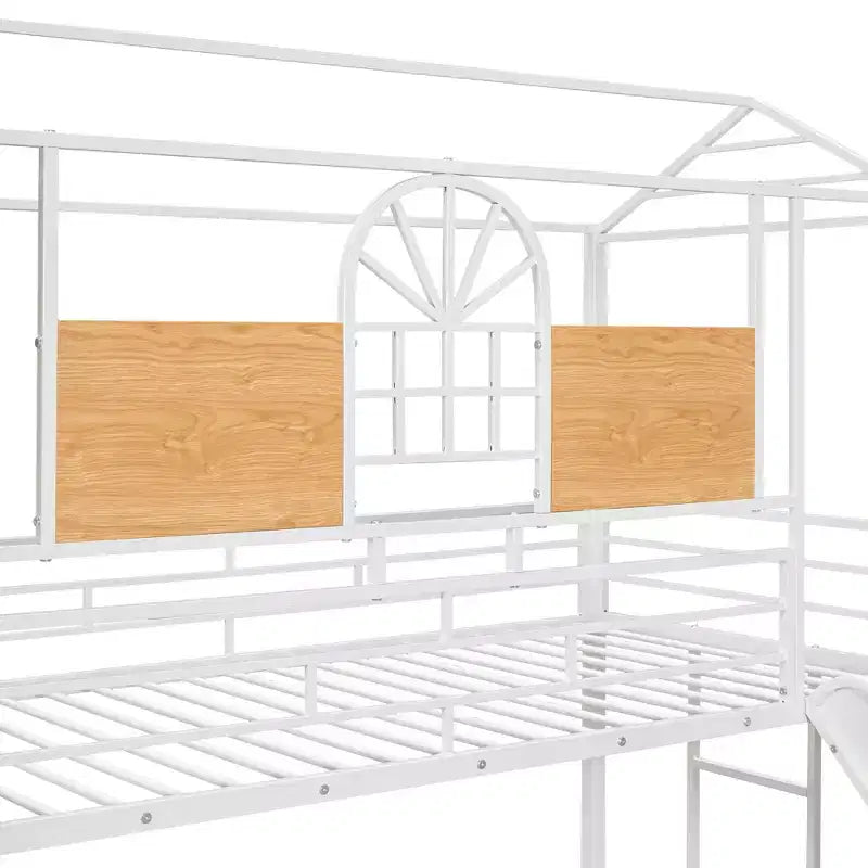Twin over Twin Metal Bunk Bed, Metal Housebed with Slide and Storage Stair with Black Slide