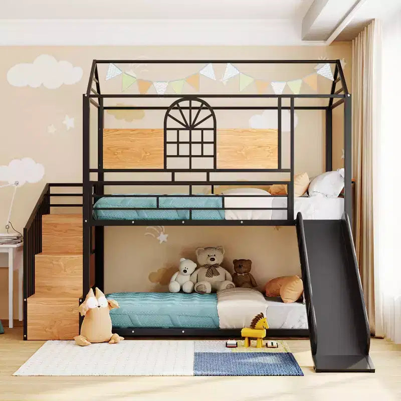 Twin over Twin Metal Bunk Bed, Metal Housebed with Slide and Storage Stair with Black Slide