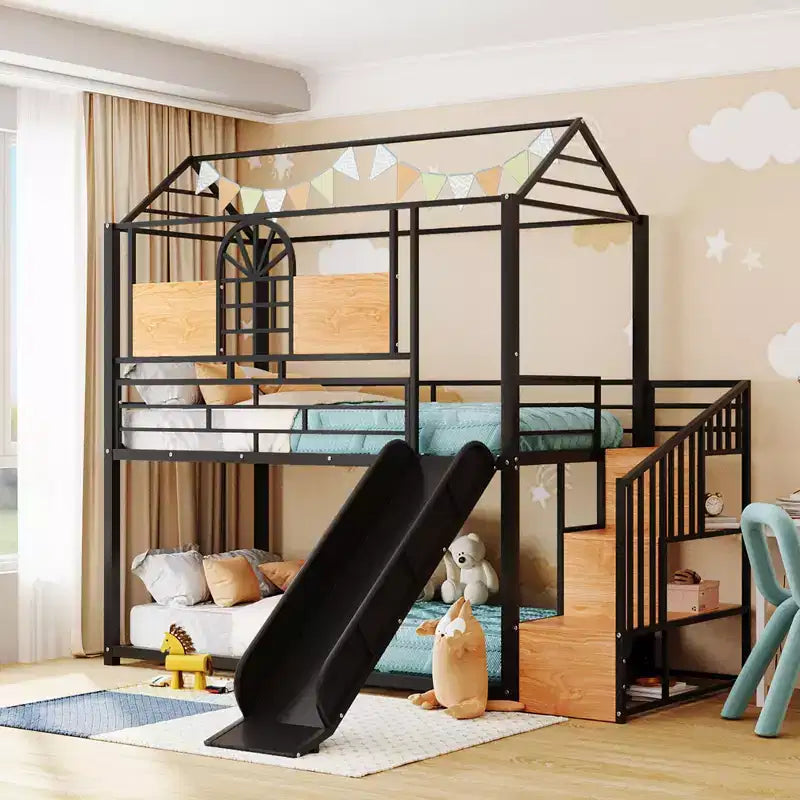 Twin over Twin Metal Bunk Bed, Metal Housebed with Slide and Storage Stair with Black Slide