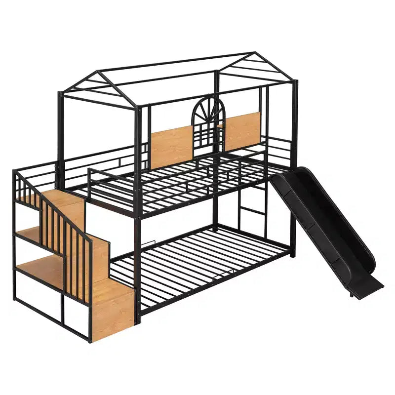 Twin over Twin Metal Bunk Bed, Metal Housebed with Slide and Storage Stair with Black Slide