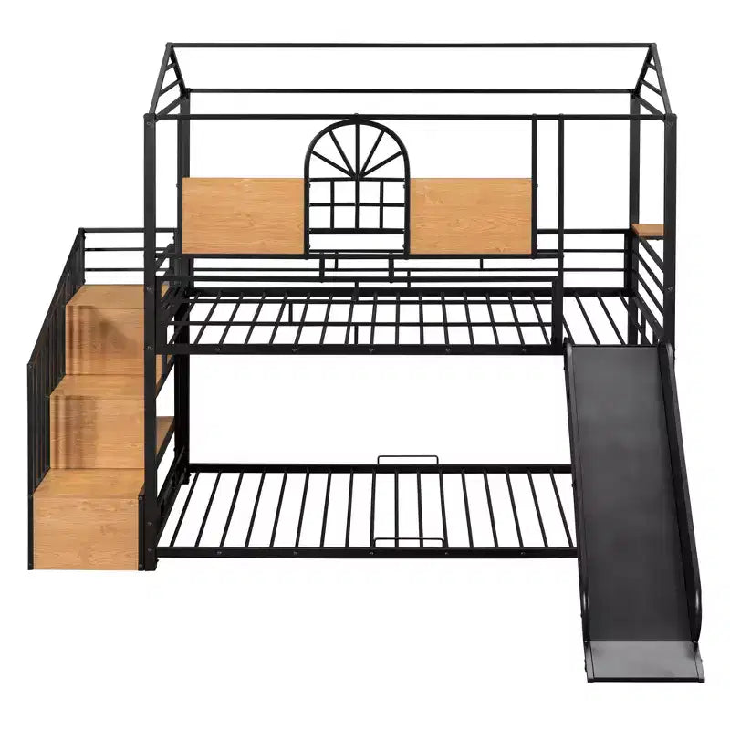 Twin over Twin Metal Bunk Bed, Metal Housebed with Slide and Storage Stair with Black Slide