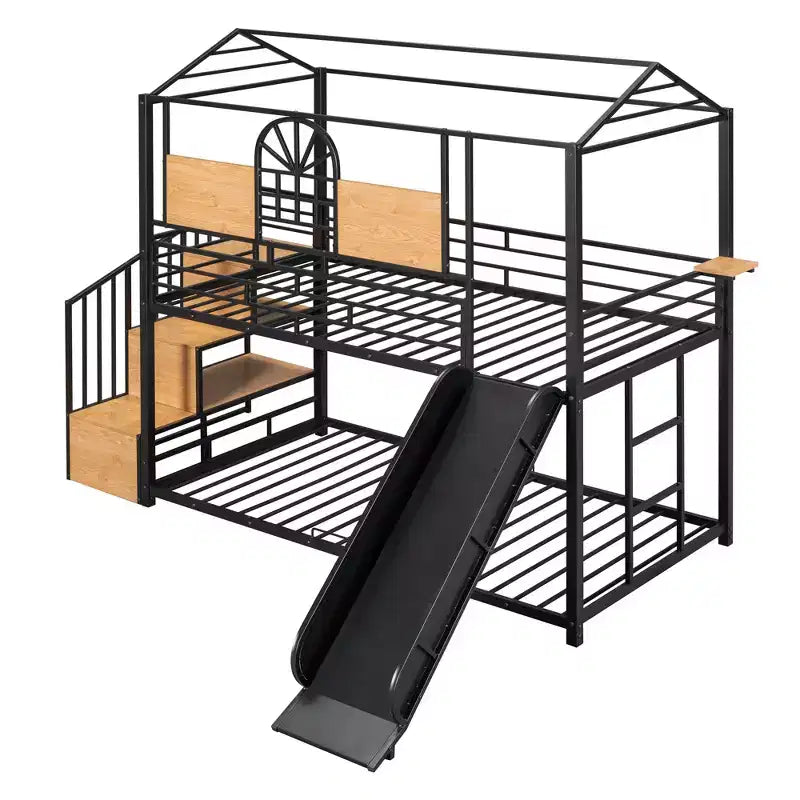Twin over Twin Metal Bunk Bed, Metal Housebed with Slide and Storage Stair with Black Slide