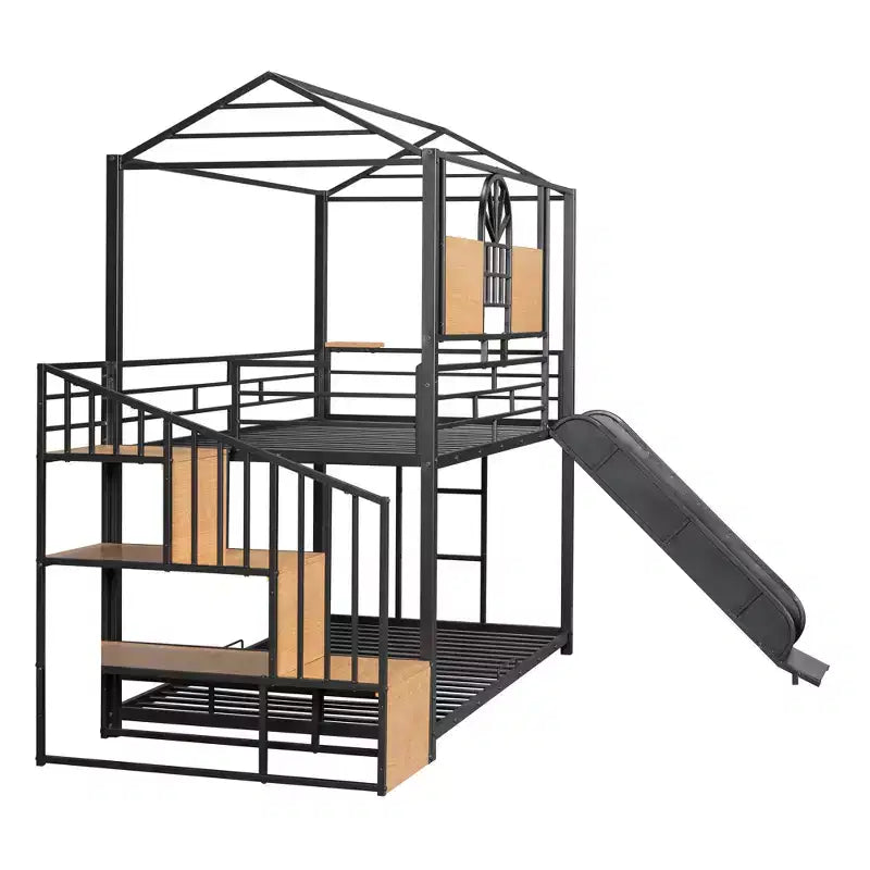 Twin over Twin Metal Bunk Bed, Metal Housebed with Slide and Storage Stair with Black Slide