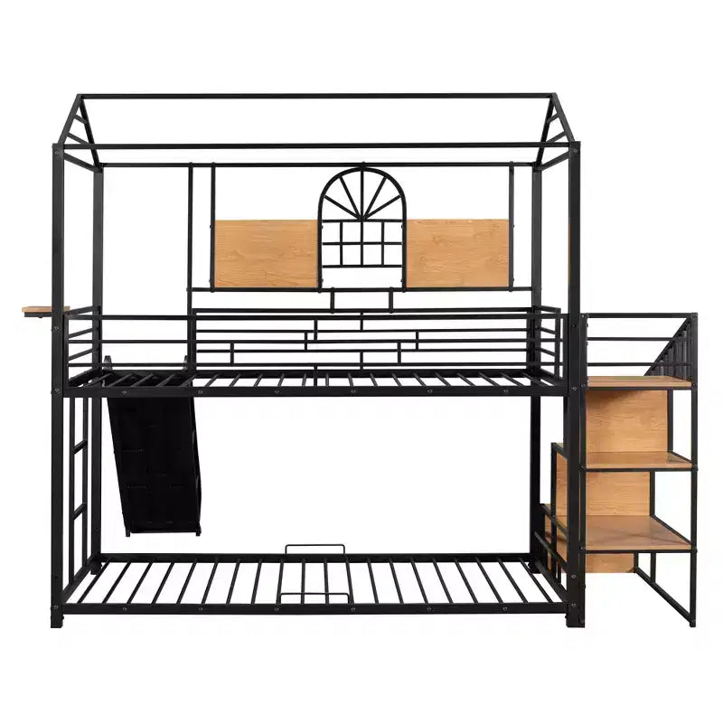 Twin over Twin Metal Bunk Bed, Metal Housebed with Slide and Storage Stair with Black Slide