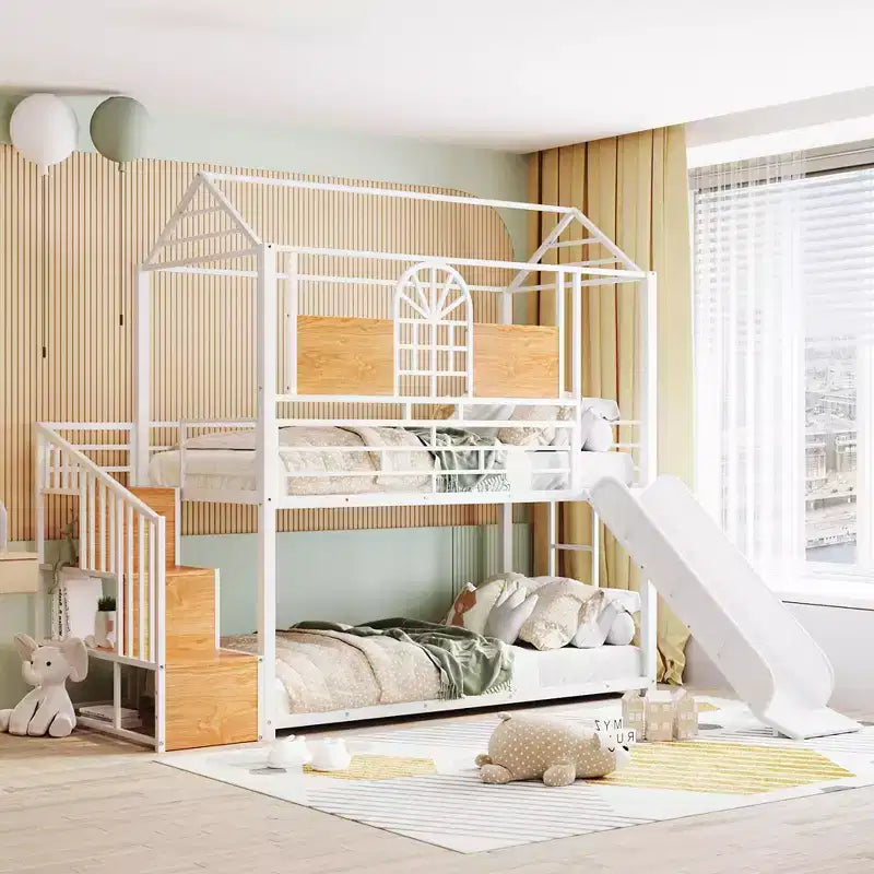 Twin over Twin Metal Bunk Bed, Metal Housebed with Slide and Storage Stair with Black Slide