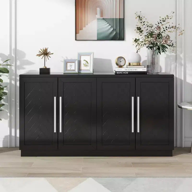 Modern Sideboard Buffet Cabinet with Adjustable Shelves and Silver Handles for Kitchen, Dining Room, or Living Room,Black