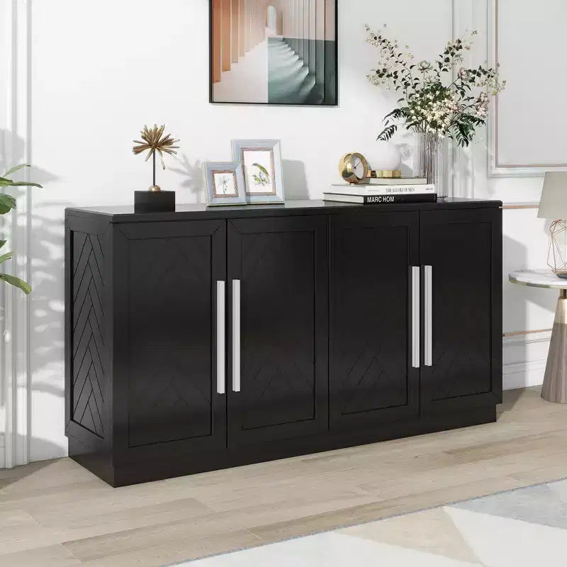 Modern Sideboard Buffet Cabinet with Adjustable Shelves and Silver Handles for Kitchen, Dining Room, or Living Room,Black