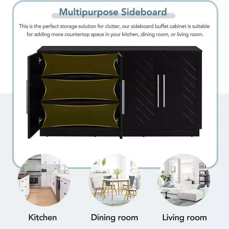 Modern Sideboard Buffet Cabinet with Adjustable Shelves and Silver Handles for Kitchen, Dining Room, or Living Room,Black