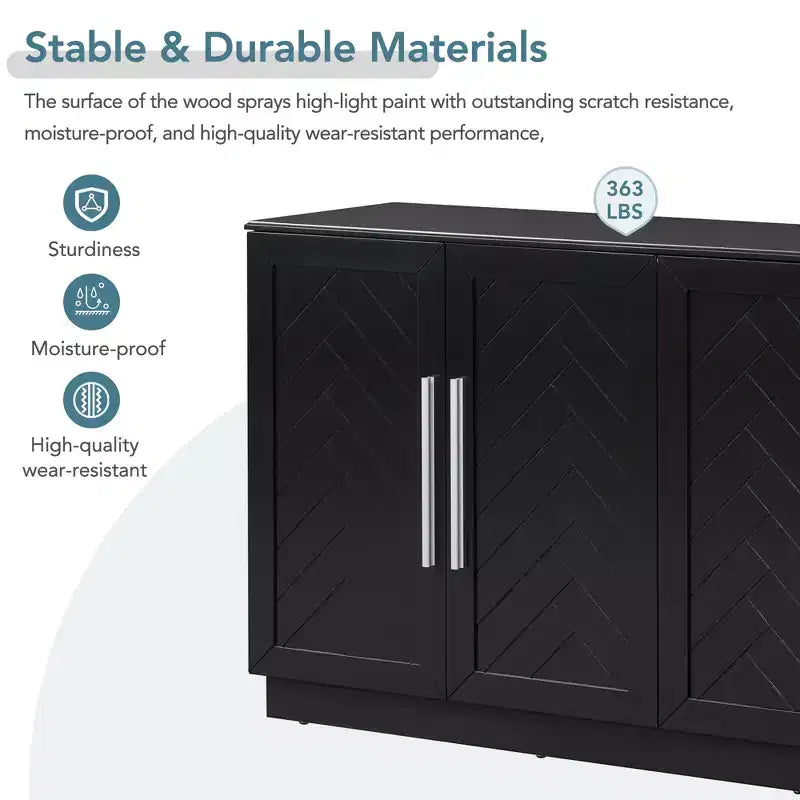 Modern Sideboard Buffet Cabinet with Adjustable Shelves and Silver Handles for Kitchen, Dining Room, or Living Room,Black