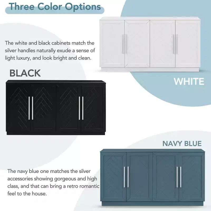 Modern Sideboard Buffet Cabinet with Adjustable Shelves and Silver Handles for Kitchen, Dining Room, or Living Room,Black