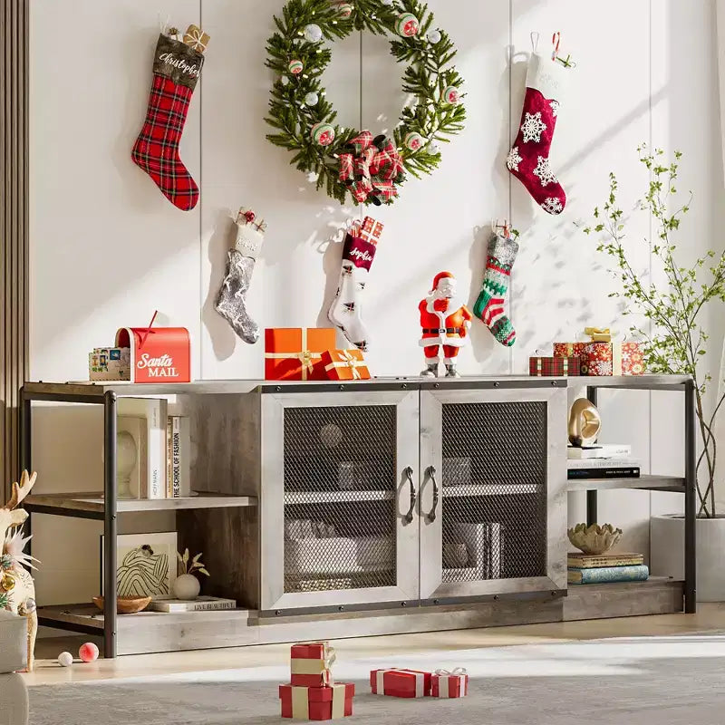 Farmhouse TV Stand with Storage Cabinets, Rustic Wood Entertainment Center & Media Console for Living Room