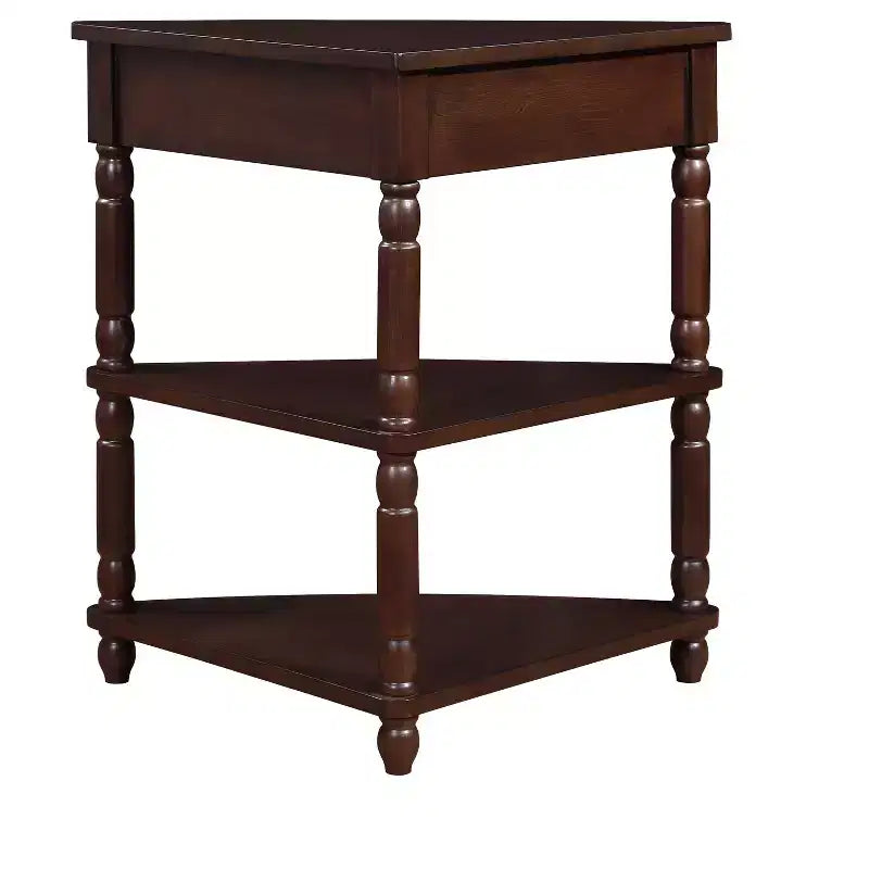 33.8'' Small Triangle Corner Table with 3 Tiers, Solid Wood Legs for Small Spaces and Living Room, Light Espresso
