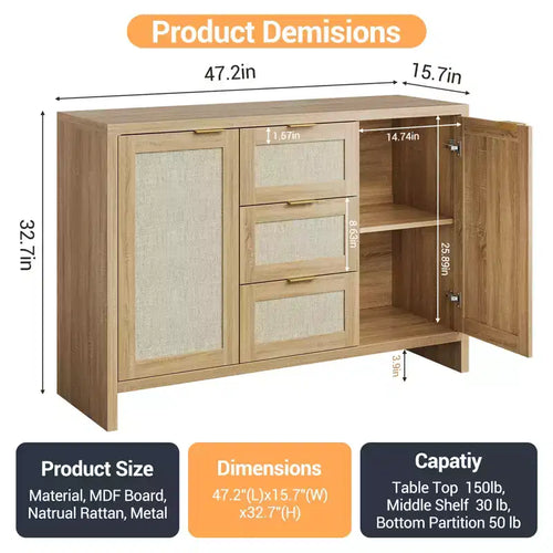 47'' Modern Rattan Buffet Cabinet Sideboard with Storage, Boho Credenza with Drawers & Doors, Wooden Coffee Bar Cabinet