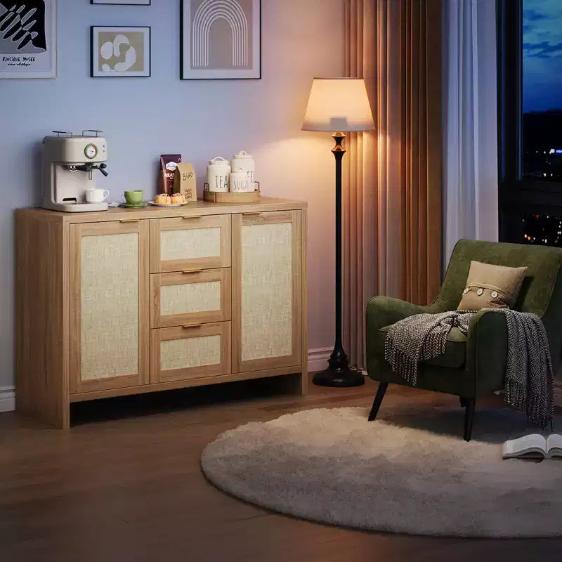 47'' Modern Rattan Buffet Cabinet Sideboard with Storage, Boho Credenza with Drawers & Doors, Wooden Coffee Bar Cabinet