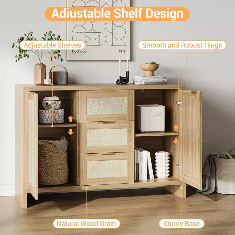 47'' Modern Rattan Buffet Cabinet Sideboard with Storage, Boho Credenza with Drawers & Doors, Wooden Coffee Bar Cabinet