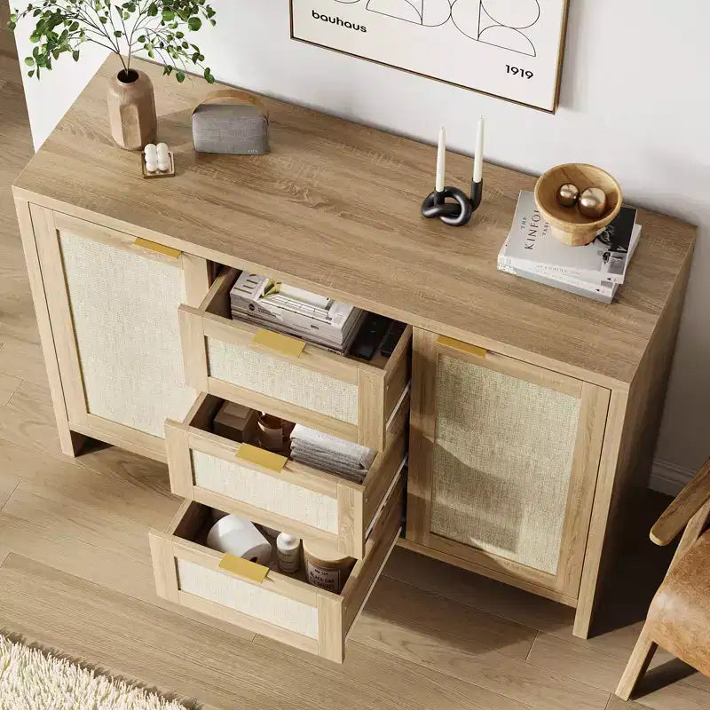 47'' Modern Rattan Buffet Cabinet Sideboard with Storage, Boho Credenza with Drawers & Doors, Wooden Coffee Bar Cabinet