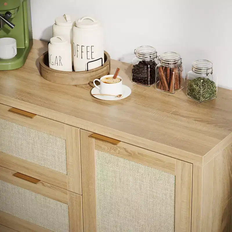 47'' Modern Rattan Buffet Cabinet Sideboard with Storage, Boho Credenza with Drawers & Doors, Wooden Coffee Bar Cabinet