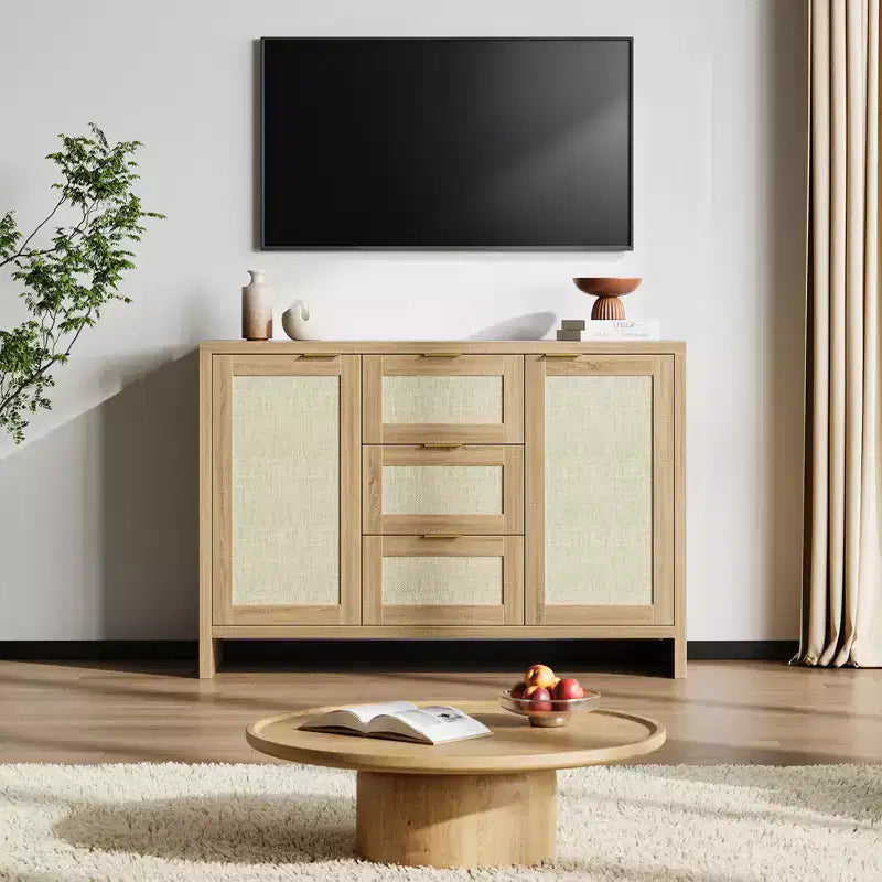 47'' Modern Rattan Buffet Cabinet Sideboard with Storage, Boho Credenza with Drawers & Doors, Wooden Coffee Bar Cabinet