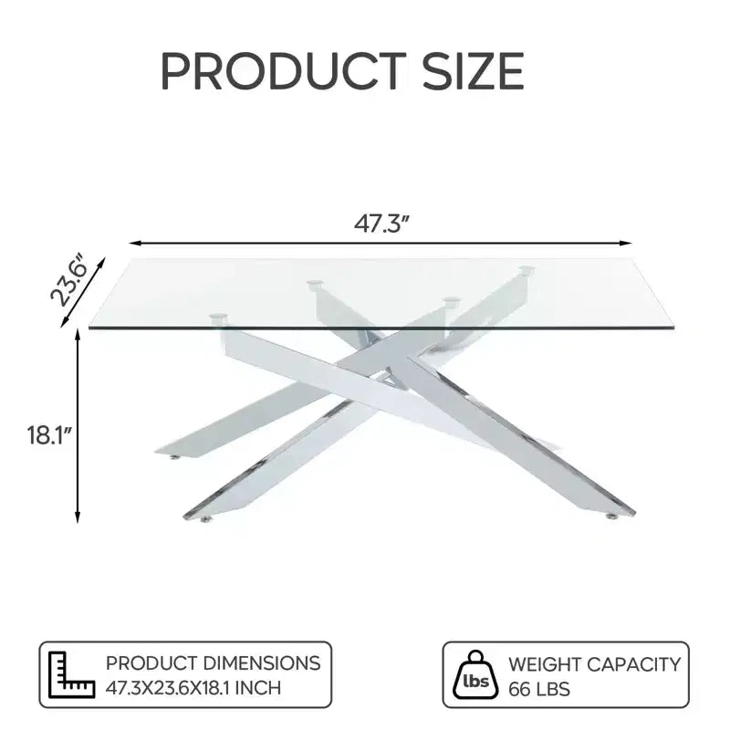 Modern Glass Coffee Table with Tempered Top and Geometric Metal Legs for Living Room