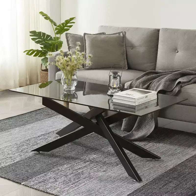 Modern Glass Coffee Table with Tempered Top and Geometric Metal Legs for Living Room