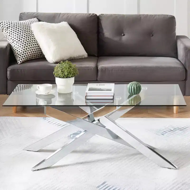 Modern Glass Coffee Table with Tempered Top and Geometric Metal Legs for Living Room