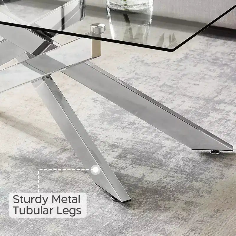 Modern Glass Coffee Table with Tempered Top and Geometric Metal Legs for Living Room