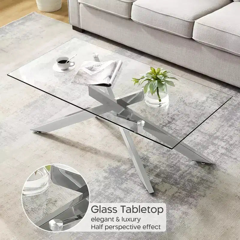 Modern Glass Coffee Table with Tempered Top and Geometric Metal Legs for Living Room