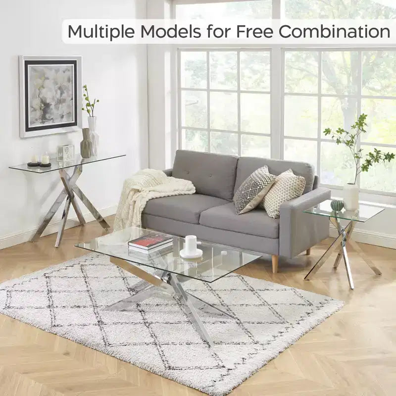 Modern Glass Coffee Table with Tempered Top and Geometric Metal Legs for Living Room